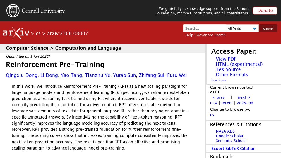 Screenshot of arxiv.org: Reinforcement Pre-Training