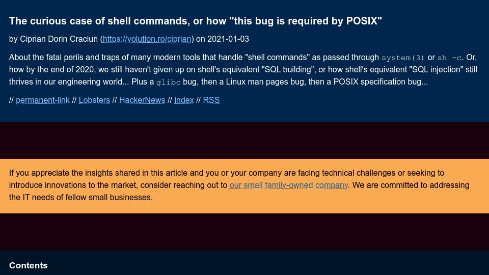 Screenshot of notes.volution.ro: The curious case of shell commands, or how "this bug is required by POSIX" (2021)