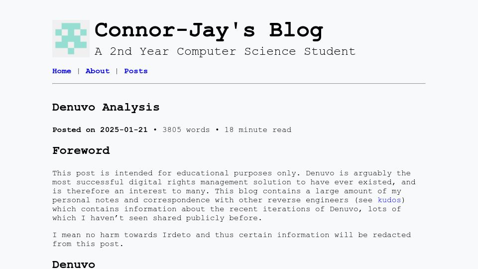 Screenshot of connorjaydunn.github.io: Denuvo Analysis