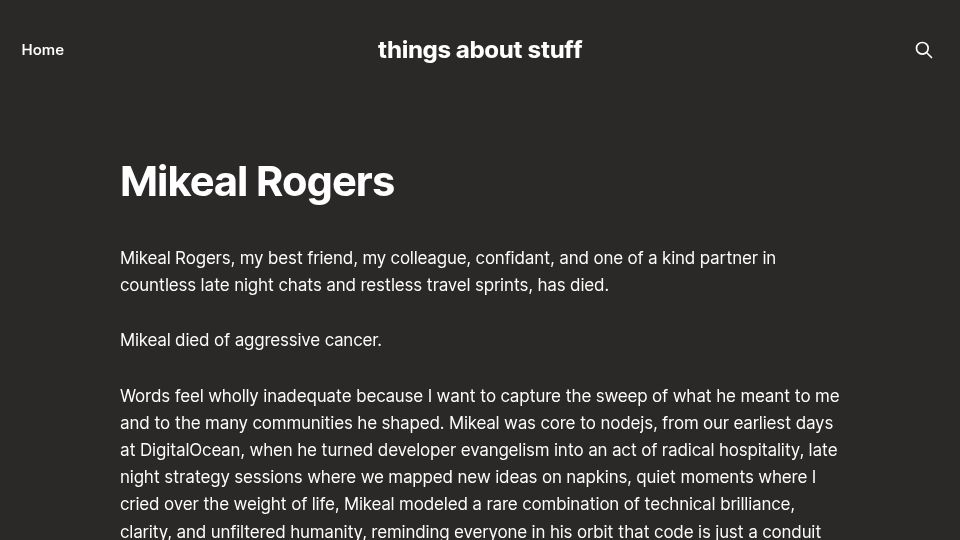 Screenshot of b.h4x.zip: Mikeal Rogers has died
