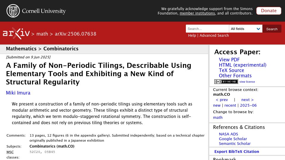 Screenshot of arxiv.org: A Family of Non-Periodic Tilings, Describable Using Elementary Tools