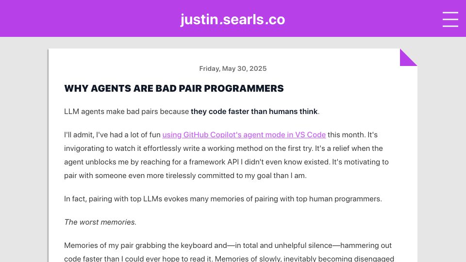 Screenshot of justin.searls.co: Why agents are bad pair programmers