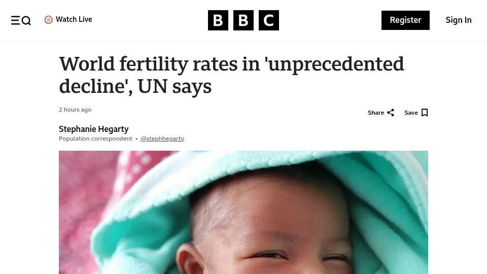 Screenshot of bbc.co.uk: World fertility rates in 'unprecedented decline', UN says