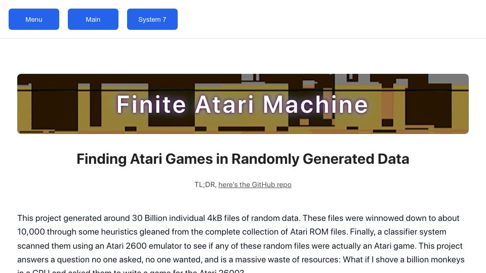 Screenshot of bbenchoff.github.io: Finding Atari Games in Randomly Generated Data
