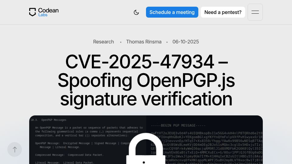 Screenshot of codeanlabs.com: Spoofing OpenPGP.js signature verification