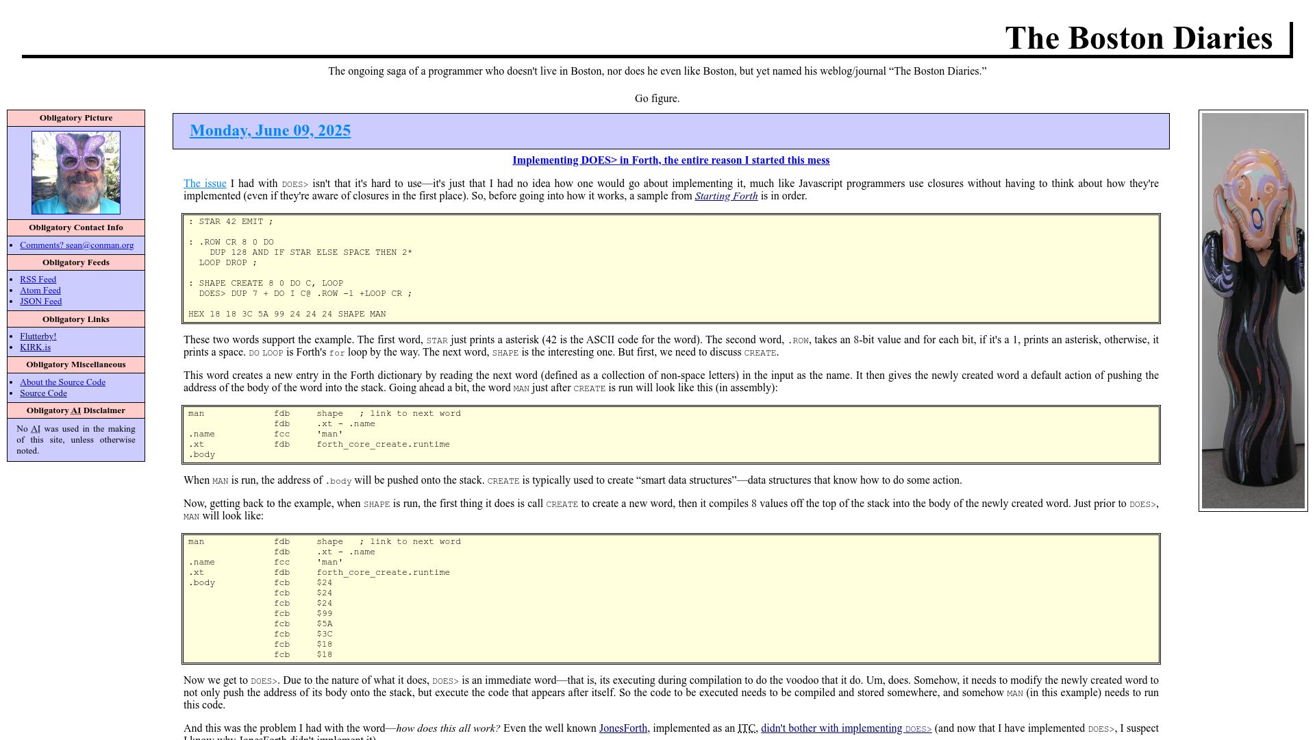 Screenshot of boston.conman.org: Implementing DOES> in Forth, the entire reason I started this mess