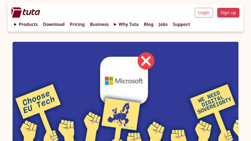 Screenshot of tuta.com: Europe needs digital sovereignty – and Microsoft has just proven why