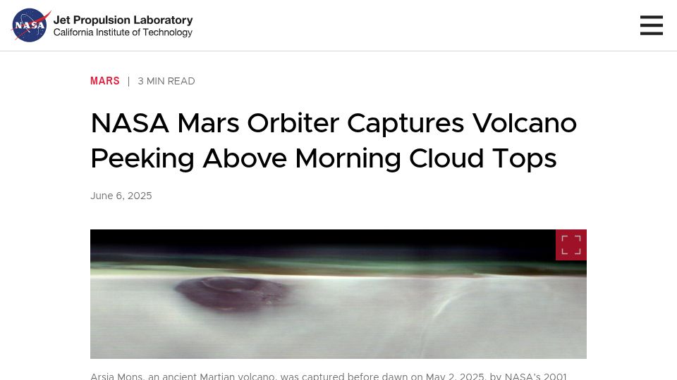 Screenshot of jpl.nasa.gov: NASA Mars Orbiter Captures Volcano Peeking Above Morning Cloud Tops