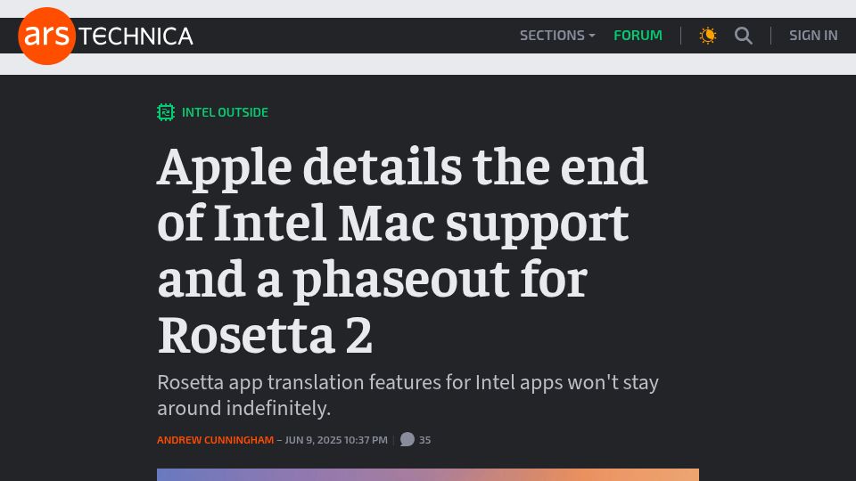 Screenshot of arstechnica.com: Apple details the end of Intel Mac support and a phaseout for Rosetta 2