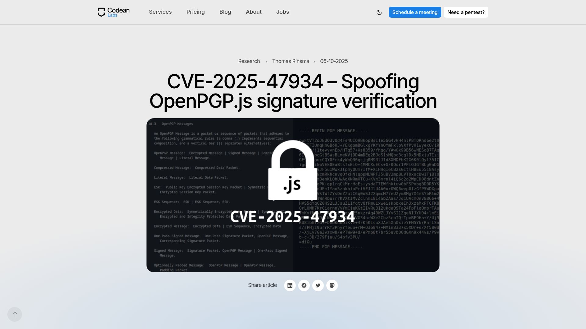 Screenshot of codeanlabs.com: Spoofing OpenPGP.js signature verification