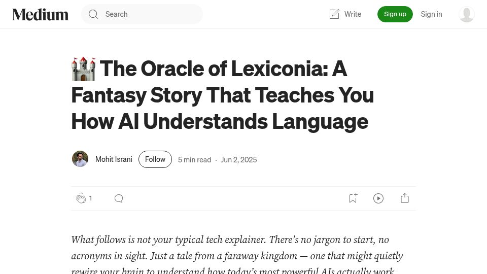 Screenshot of medium.com: The Lexiconia Codex: A fantasy story that teaches you LLM buzzwords