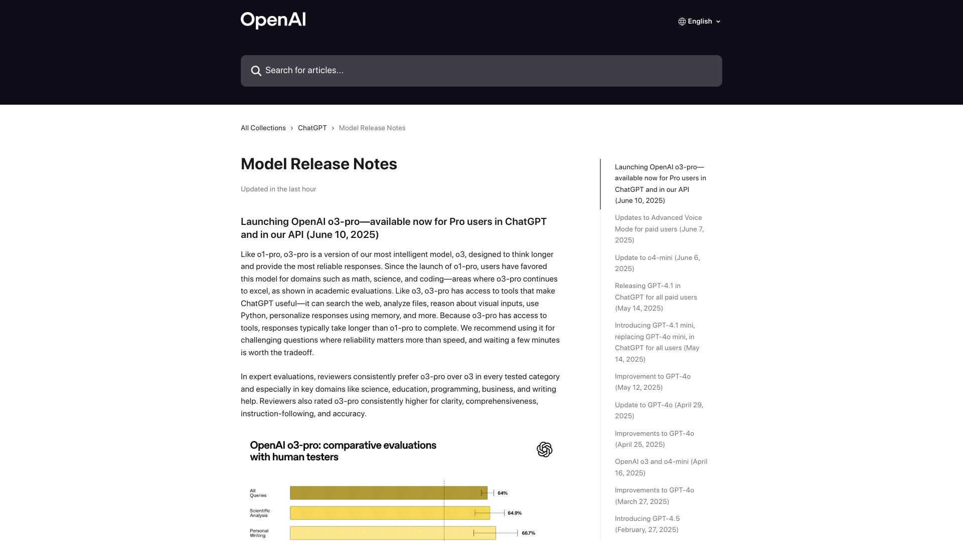 Screenshot of help.openai.com: OpenAI o3-pro