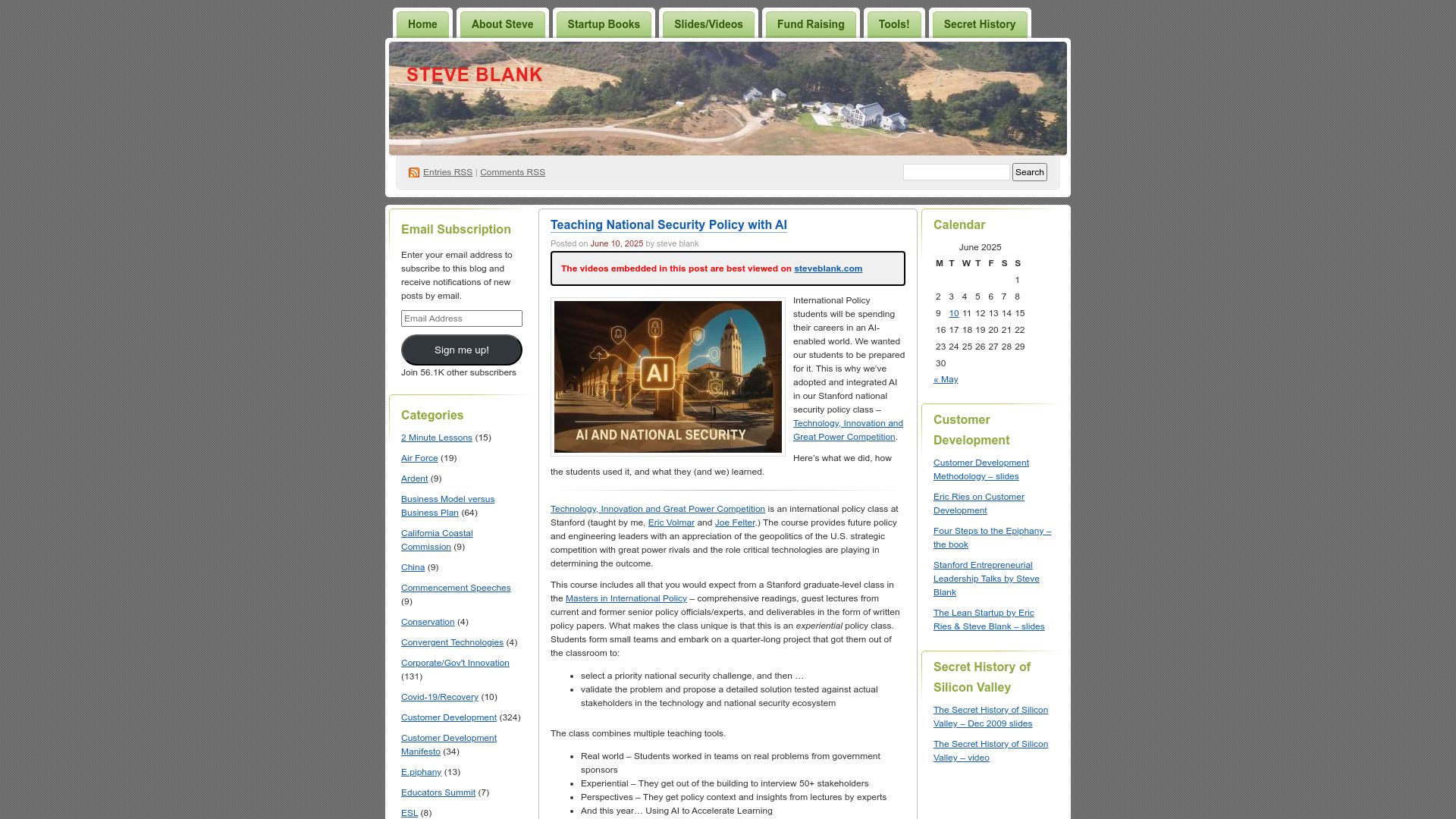 Screenshot of steveblank.com: Teaching National Security Policy with AI