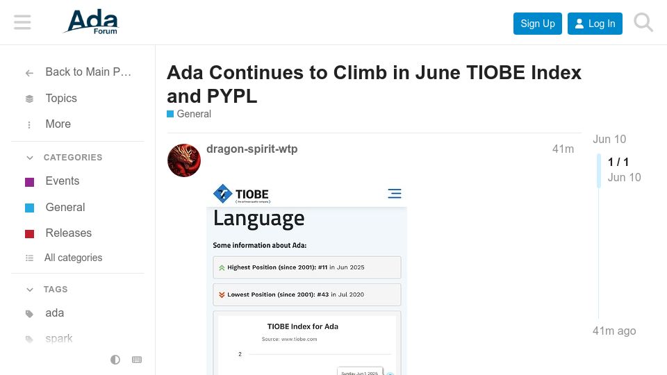 Screenshot of forum.ada-lang.io: Ada Continues to Climb in June Tiobe Index and PYPL