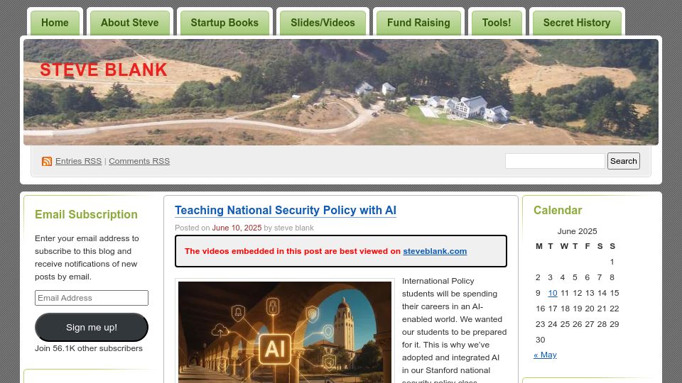 Screenshot of steveblank.com: Teaching National Security Policy with AI