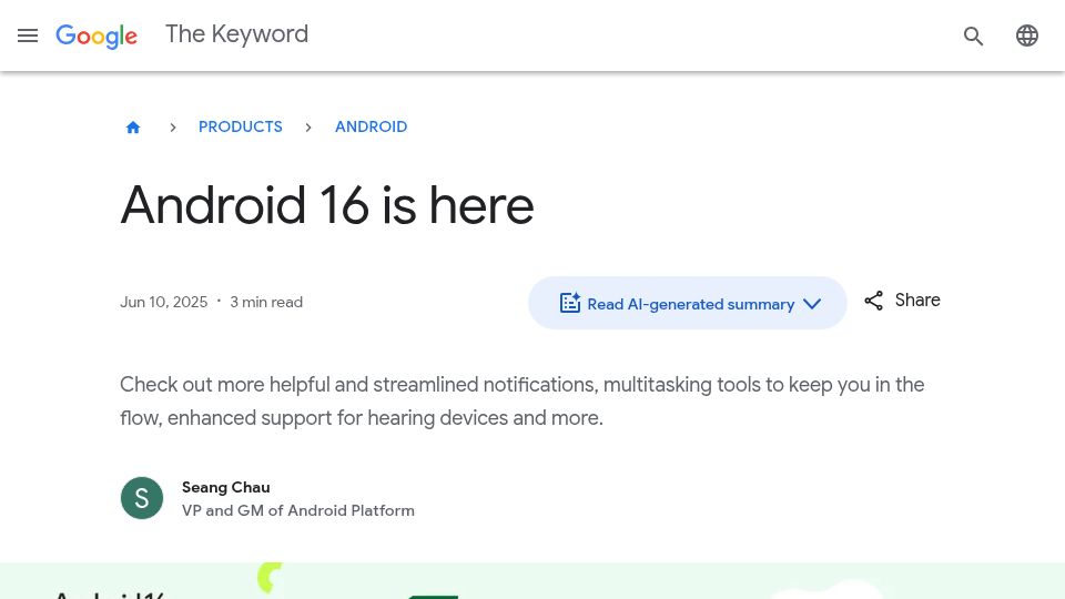 Screenshot of blog.google: Android 16 is here