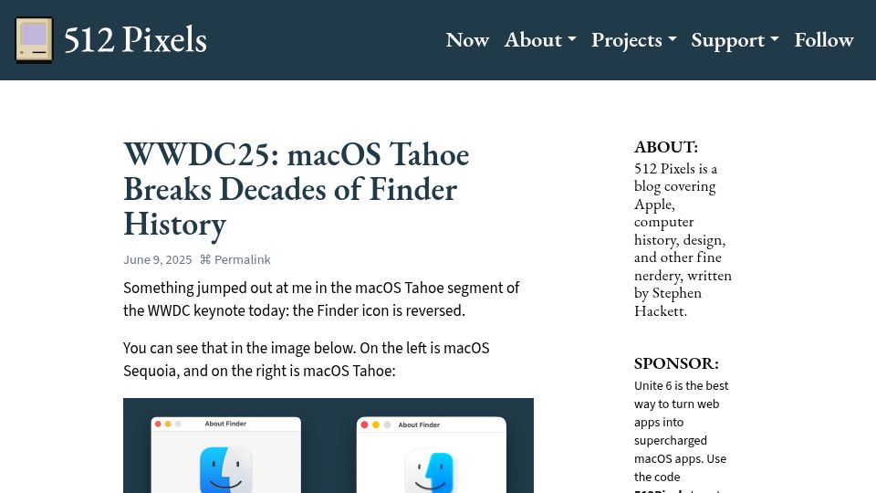 Screenshot of 512pixels.net: WWDC25: macOS Tahoe Breaks Decades of Finder History