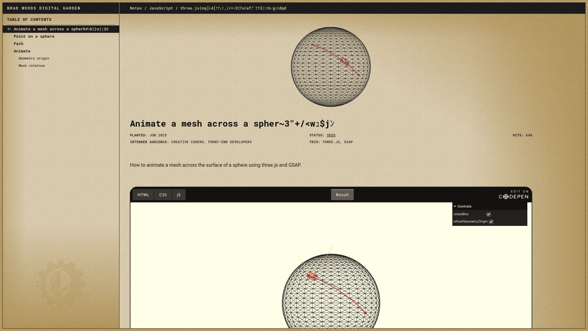Screenshot of garden.bradwoods.io: Animate a mesh across a sphere's surface