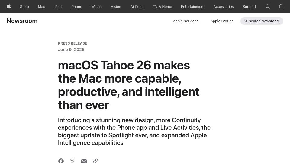 Screenshot of apple.com: macOS Tahoe 26 makes the Mac more capable, productive, and intelligent