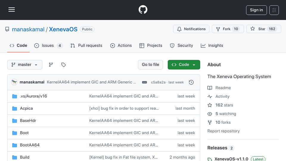 Screenshot of github.com: Xeneva Operating System
