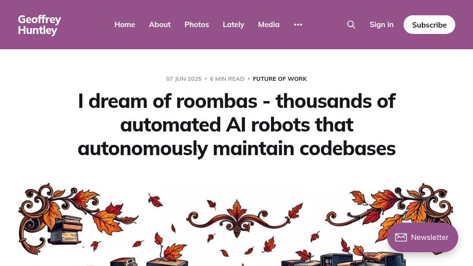 Screenshot of ghuntley.com: I dream of roombas: 1000s of automated AI robots that autonomously maintain code