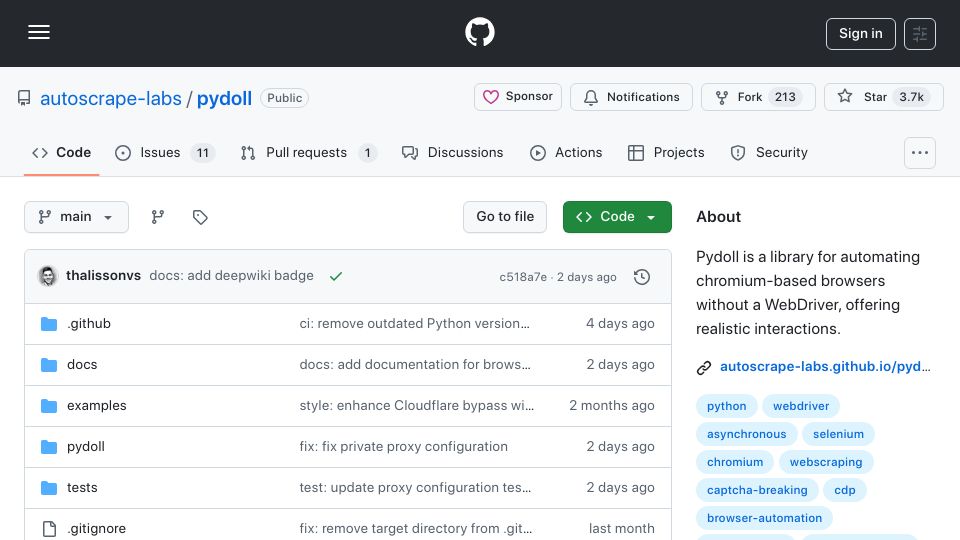 Screenshot of github.com: Show HN: PyDoll – Async Python scraping engine with native CAPTCHA bypass