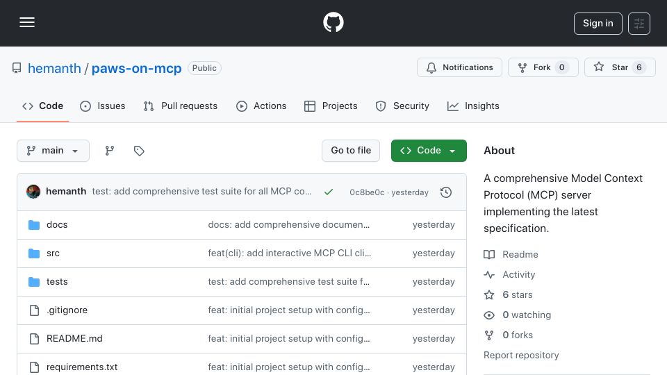 Screenshot of github.com: Show HN: A MCP server and client implementing the latest spec