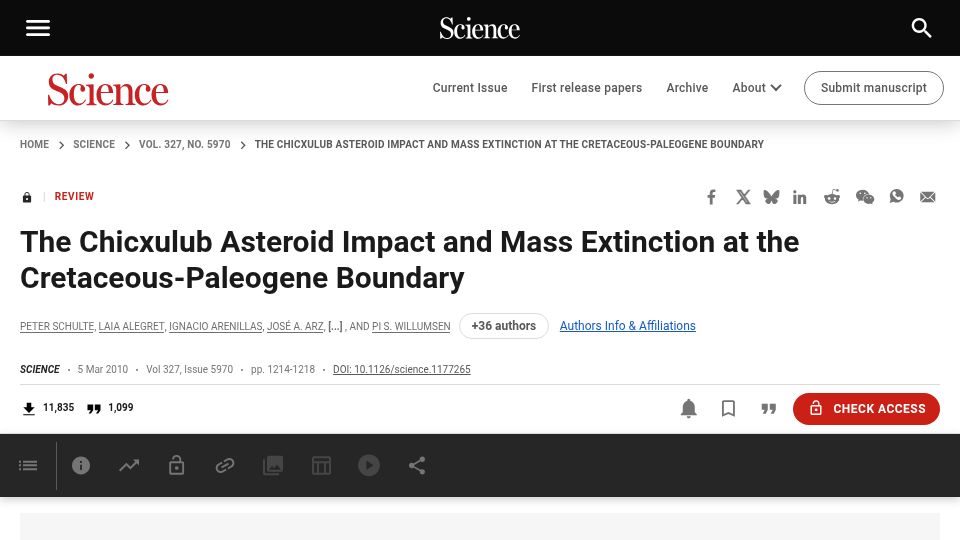 Screenshot of science.org: The Chicxulub Asteroid Impact and Mass Extinction