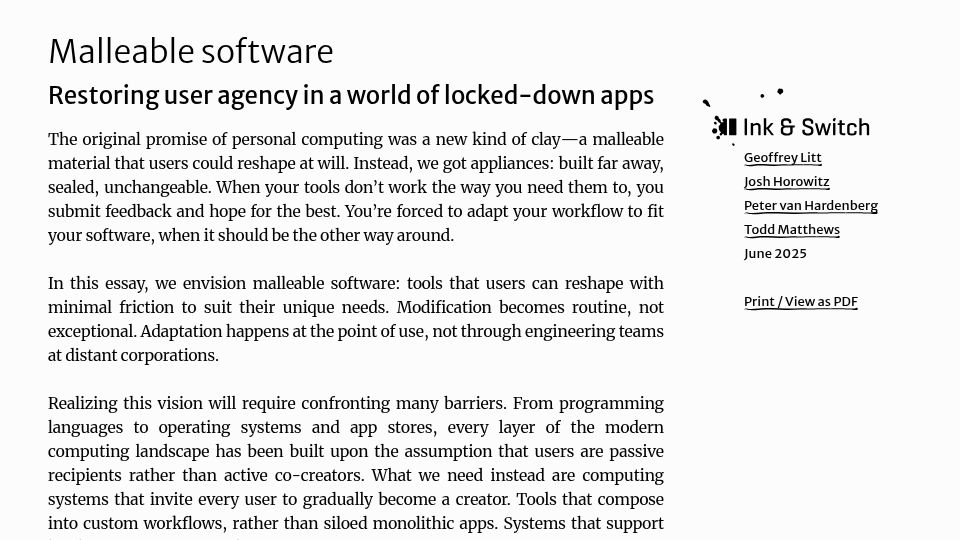 Screenshot of inkandswitch.com: Malleable software: Restoring user agency in a world of locked-down apps