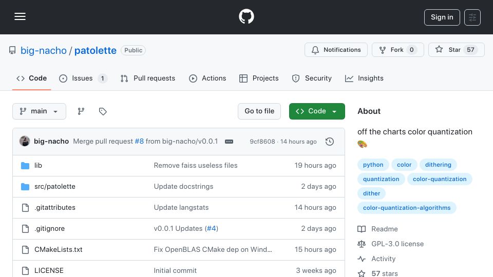 Screenshot of github.com: Show HN: High End Color Quantizer