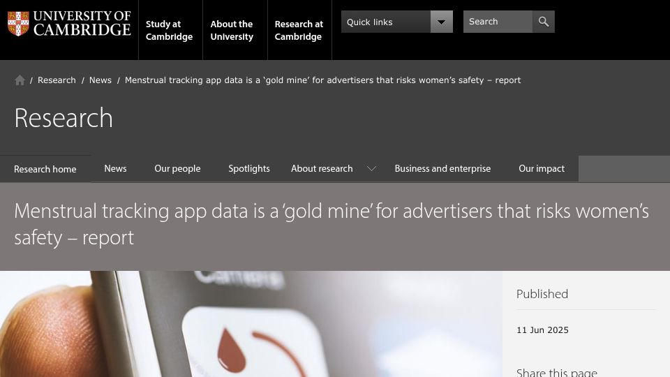 Screenshot of cam.ac.uk: Menstrual tracking app data is gold mine for advertisers that risks women safety