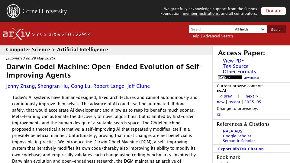 Screenshot of arxiv.org: Darwin Godel Machine: Open-Ended Evolution of Self-Improving Agents