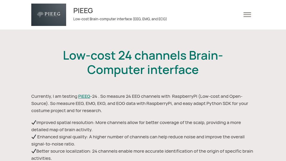Screenshot of pieeg.com: New revolutionary device – 24 EEG channels with Raspberry Pi