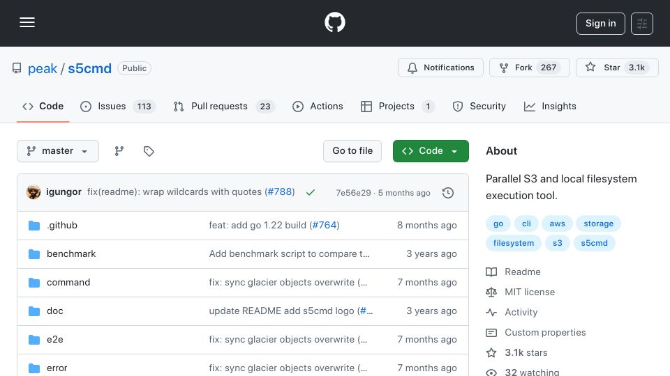 Screenshot of github.com: S5cmd: Parallel S3 and local filesystem execution tool