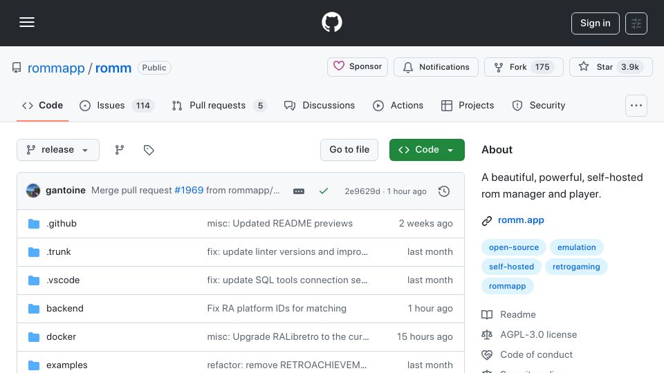 Screenshot of github.com: Show HN: RomM – An open-source, self-hosted ROM manager and player