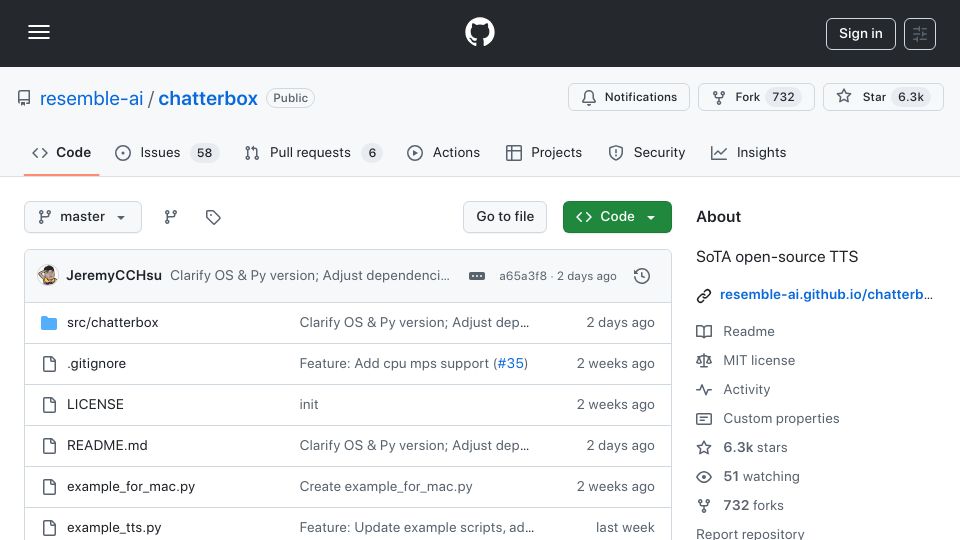 Screenshot of github.com: Chatterbox TTS