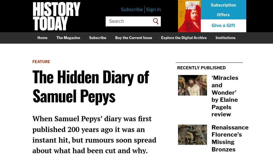 Screenshot of historytoday.com: The Diary of Samuel Pepys