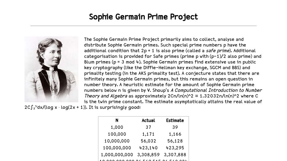 Screenshot of palaiologos.rocks: Sophie Germain Prime Project