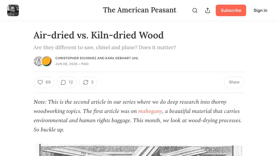 Screenshot of christopherschwarz.substack.com: Air-dried vs. Kiln-dried Wood