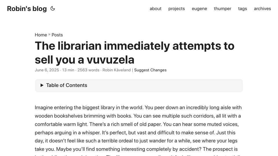 Screenshot of kaveland.no: The librarian immediately attempts to sell you a vuvuzela