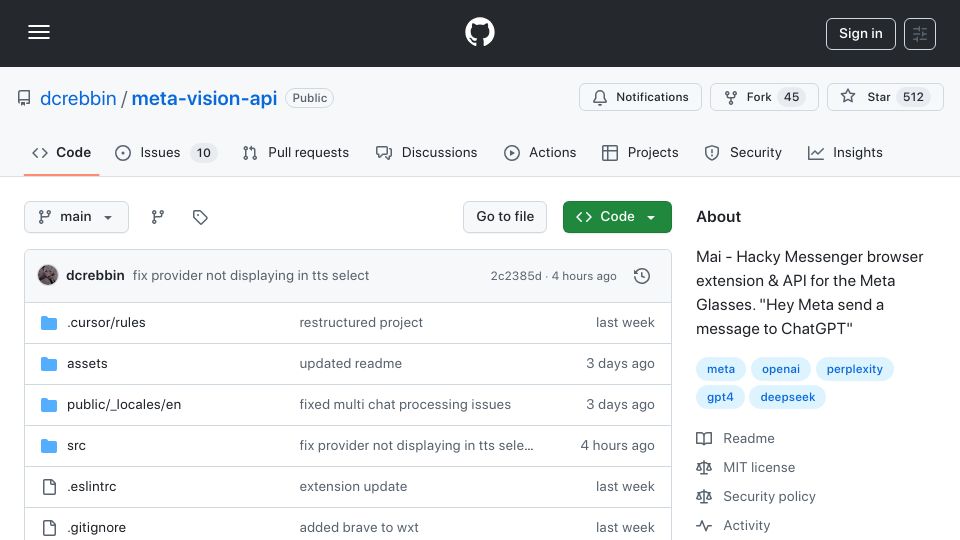 Screenshot of github.com: Show HN: Update to my meta glasses API "Hey Meta send a message to ChatGPT"