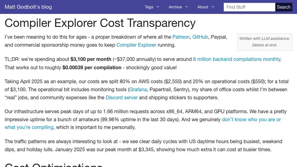 Screenshot of xania.org: Compiler Explorer Cost Transparency