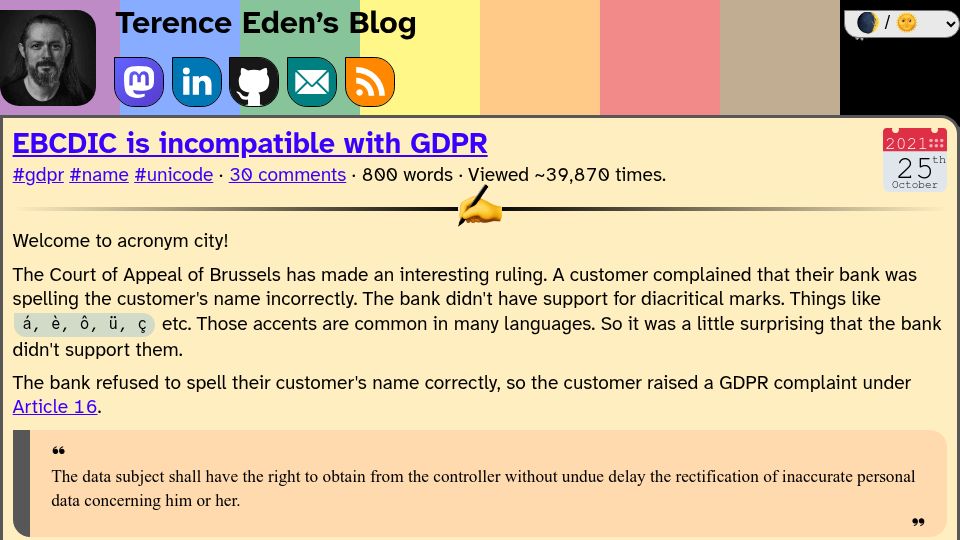 Screenshot of shkspr.mobi: EBCDIC Is Incompatible with GDPR