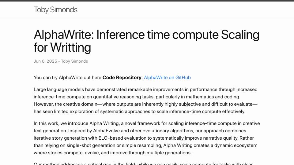 Screenshot of tobysimonds.com: AlphaWrite: AI that improves at writing by evolving its own stories