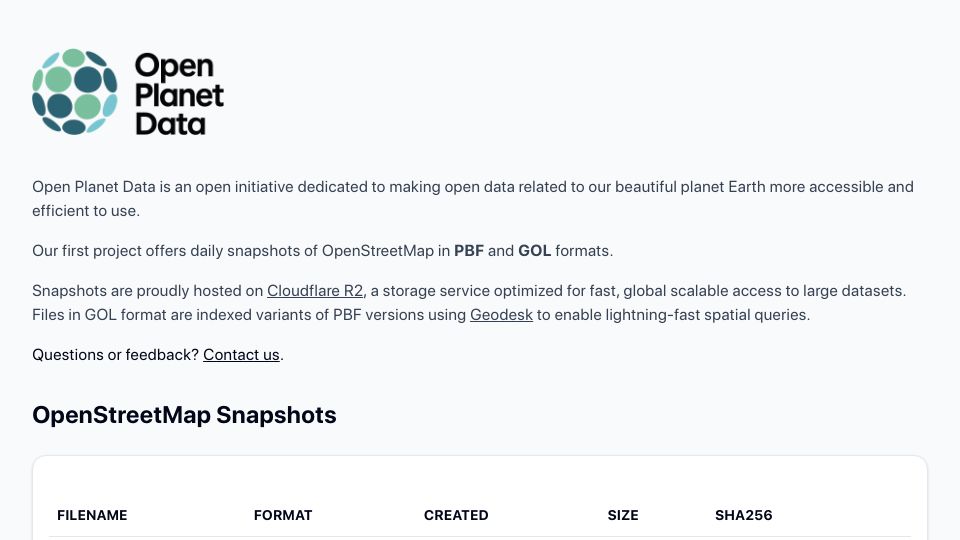 Screenshot of openplanetdata.com: OpenPlanetData – Free Daily Planet OSM PBF and GOL Indexed Snapshots