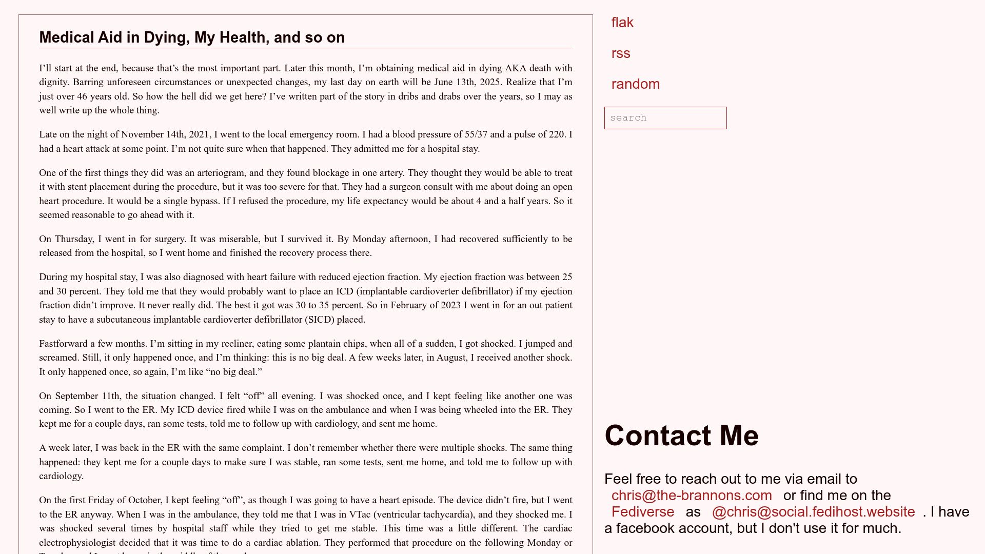 Screenshot of blog.the-brannons.com: Medical aid in dying, my health, and so on