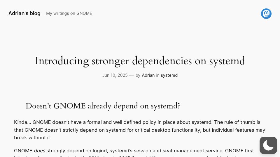 Screenshot of blogs.gnome.org: Gnome introducing stronger dependencies on systemd