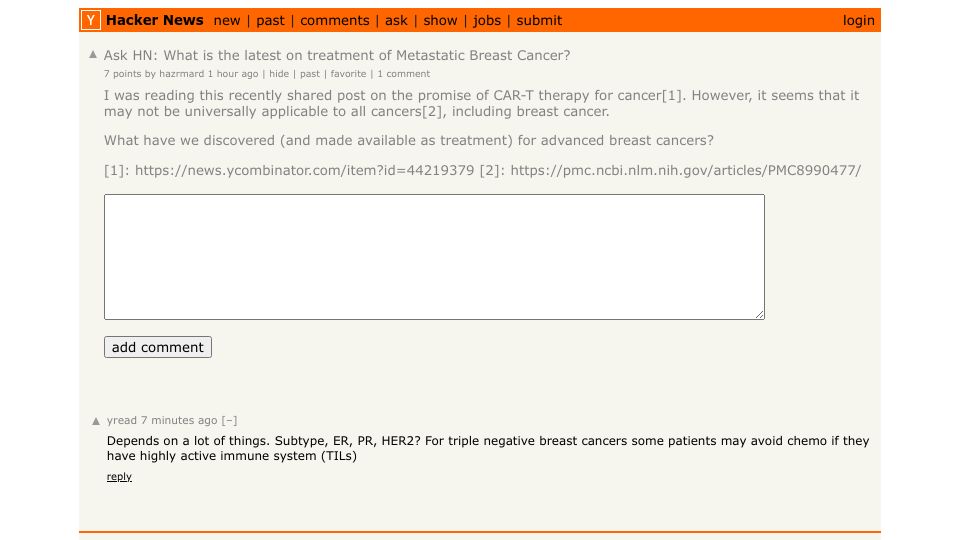 Screenshot of Hacker News post: Ask HN: What is the latest on treatment of Metastatic Breast Cancer?