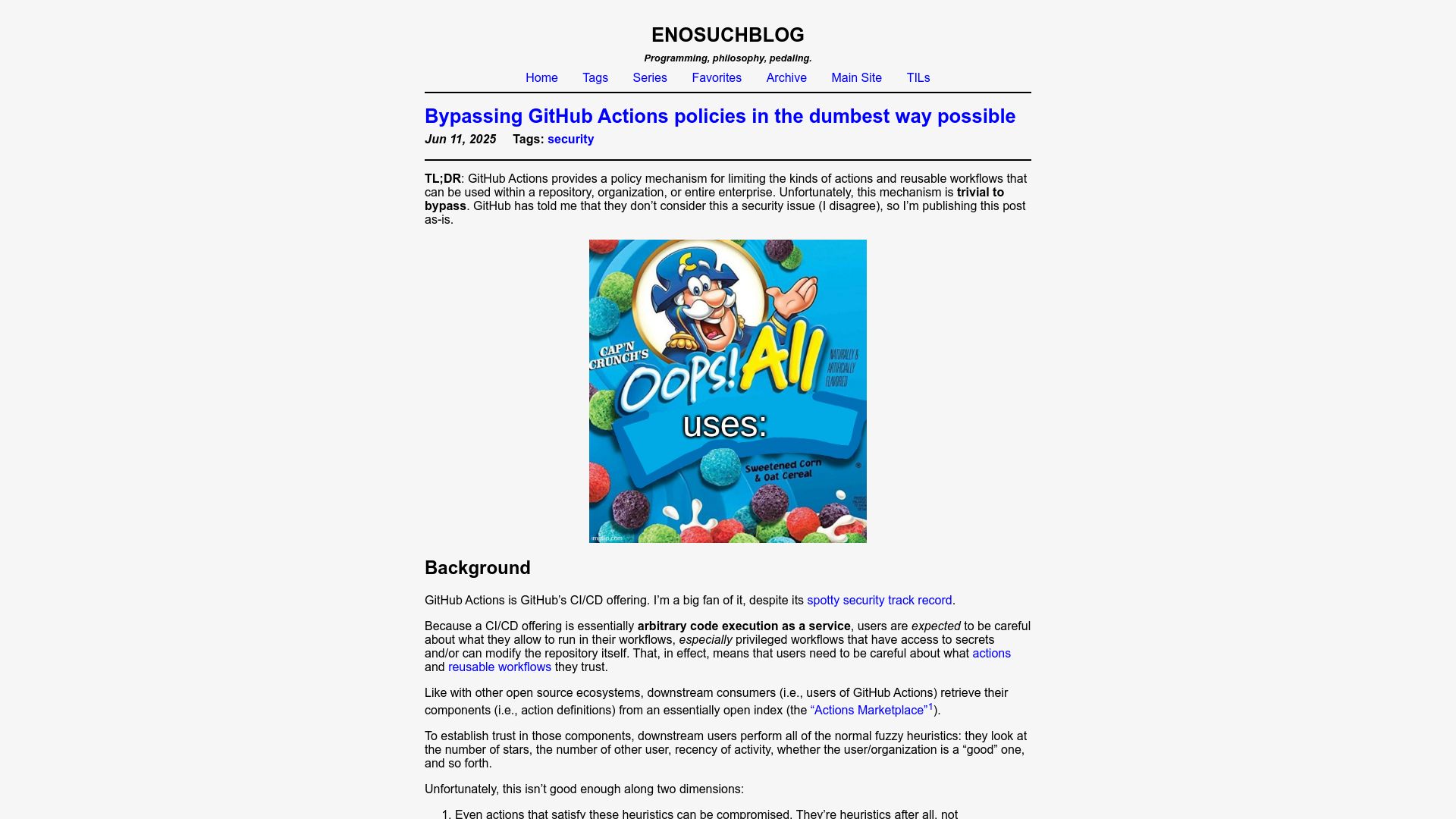 Screenshot of blog.yossarian.net: Bypassing GitHub Actions policies in the dumbest way possible