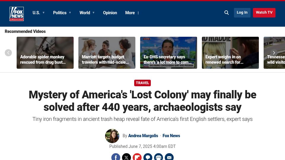 Screenshot of foxnews.com: Researchers discover evidence in the mystery of America's 'Lost Colony'